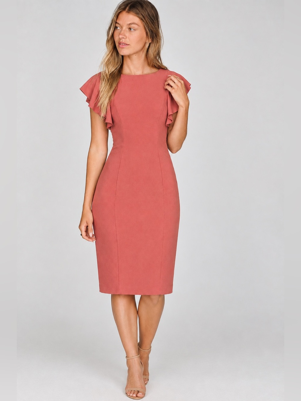 Alex Marie Womenโs Flutter Sleeve Sheath Dress โ Coral/Rose Pink โ Knee-Length